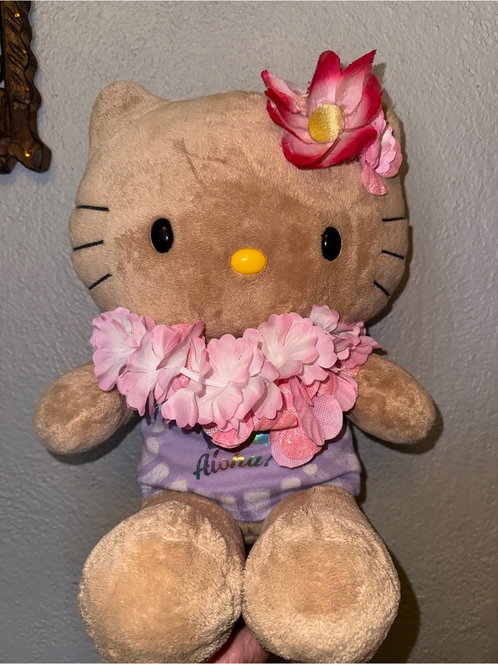 Hello Kitty Tan Plush with Pink Floral Lei and Yellow Nose